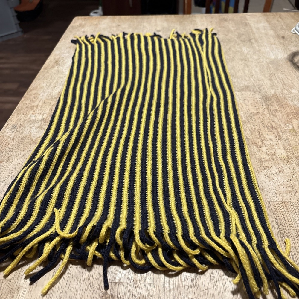 Micro Cable Knit Scarf Fringe Navy Yellow Striped Game Day Japan Wool Blend